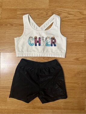 Source Unknown White CHEER Graphic Crop Top with Black Athletic Shorts